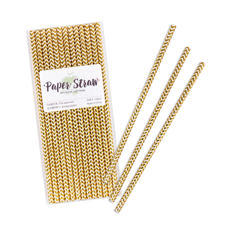 ペーパーストロー 紙ストロー [ゴールドメタリック シェブロン] 25本入