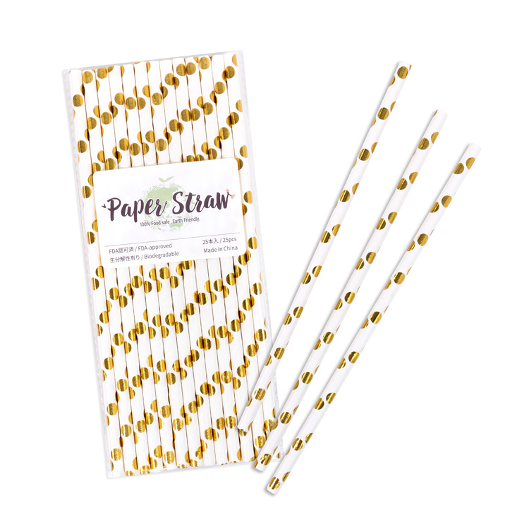 ペーパーストロー 紙ストロー [ゴールドメタリック ドット] 25本入