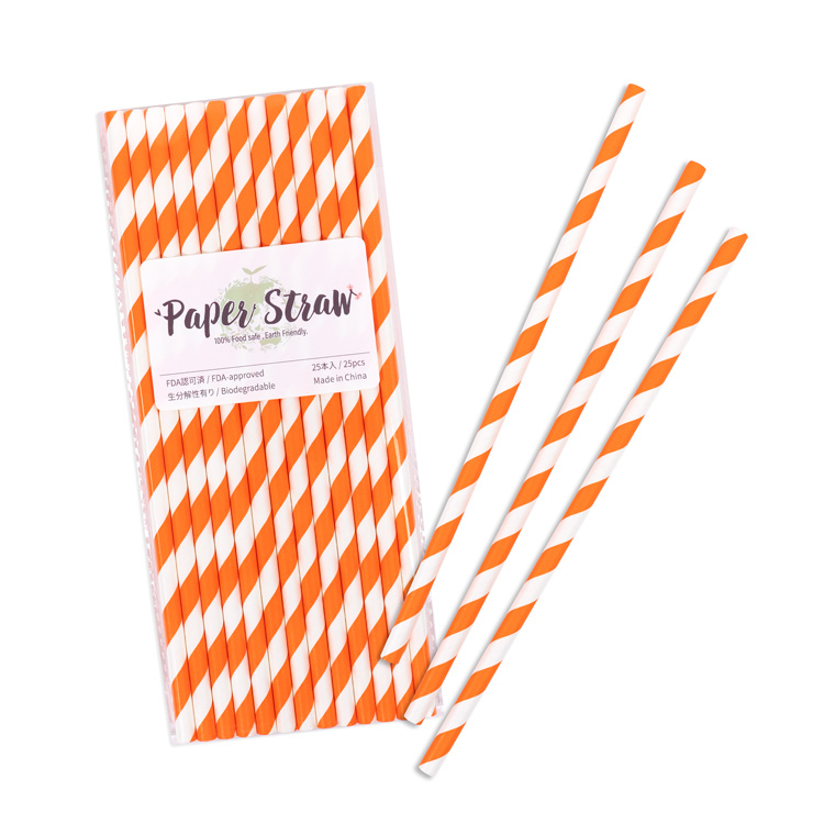 ペーパーストロー 紙ストロー [オレンジ ストライプ] 25本入